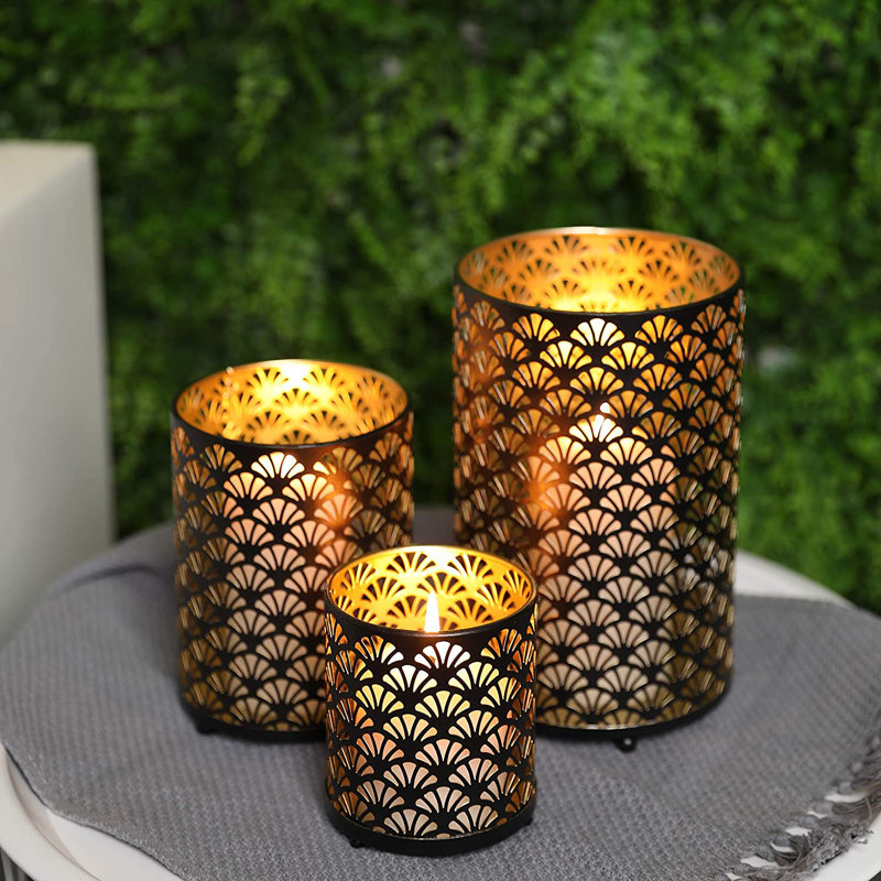 Bronze Set of 3 Metal Hurricane Candle Lanterns