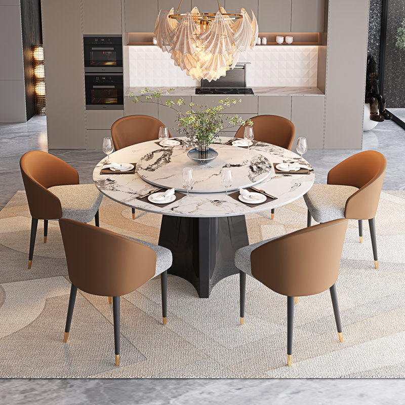 Ensemble de table de salle à manger pour 6 personnes, plateau de table rond en faux marbre 51 "avec plateau tournant et chaises de salle à manger