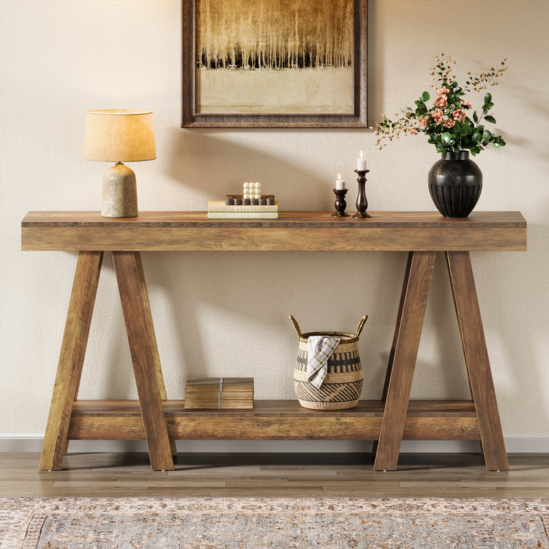 70.9-Inch Extra Long Farmhouse 2-Tier Brown Wood Sofa Table Behind Couch Console Table Narrow Entryway Accent Table for Living Room, Hallway, Entrance, Foyer