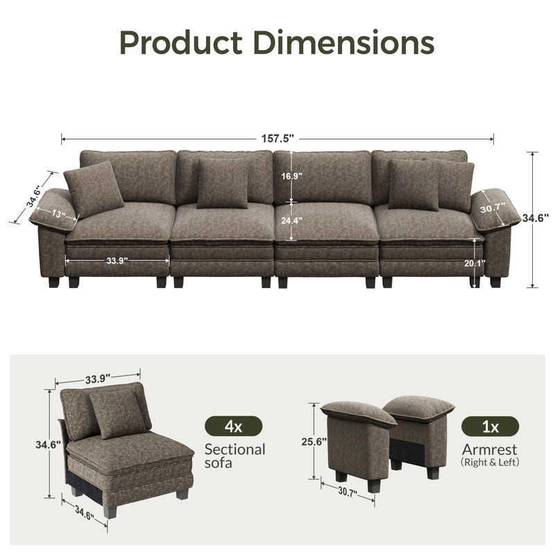 158" Modular Sectional Sofa, Comfy Cloud Couch For Living Room, 4-seater Deep Seat Sofa With Throw Pillow, Ash Chenille