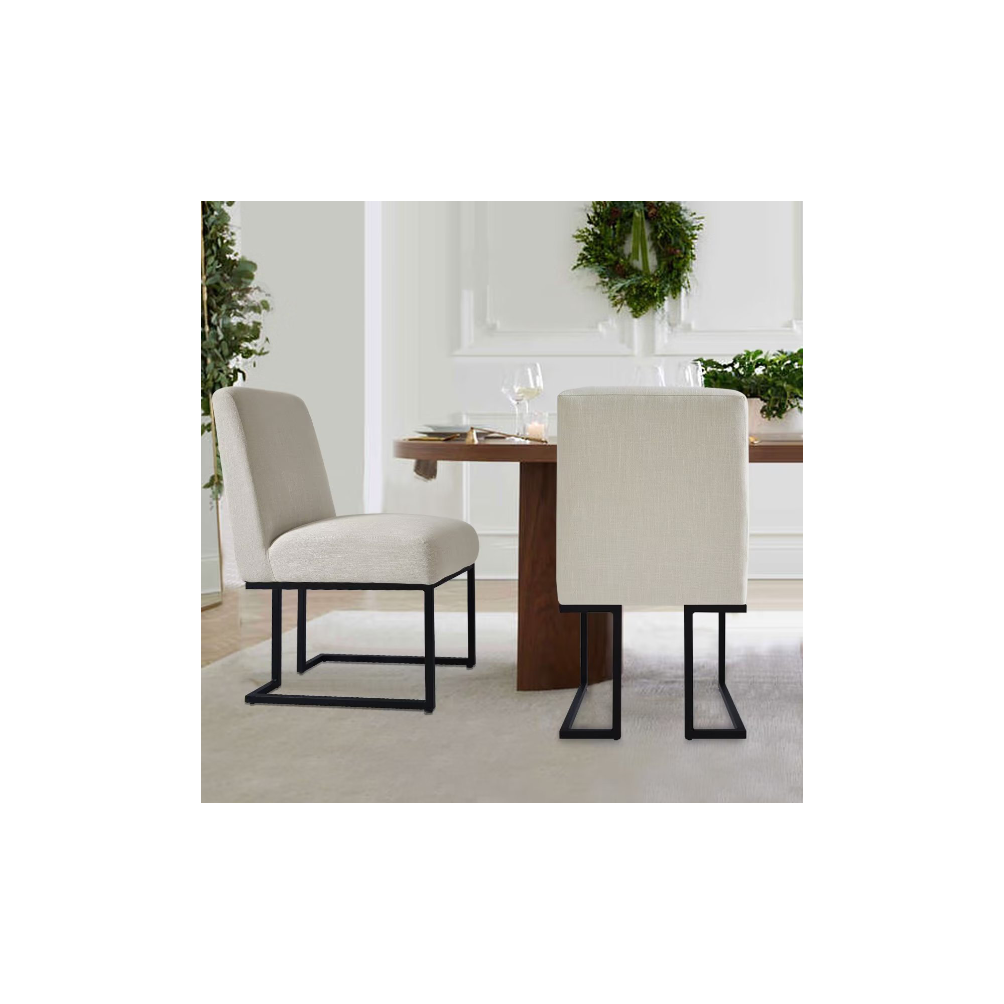 Bende Modern Fabric Upholstered Side Chairs with Metal Sled Base, Cream