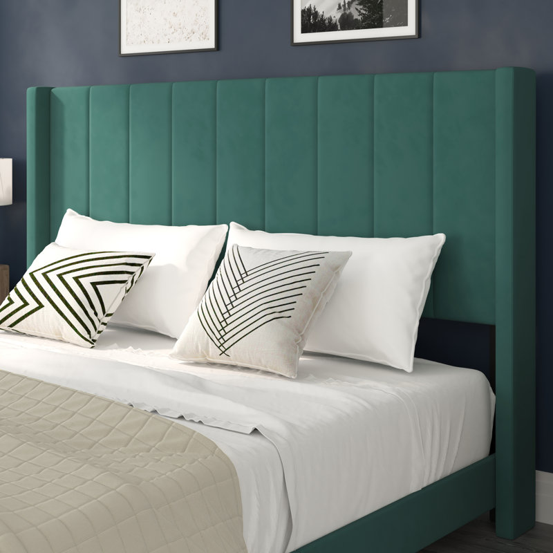 Upholstered Platform Bed with Vertical Stitched Wingback Headboard, Slatted Mattress Foundation, King, Emerald