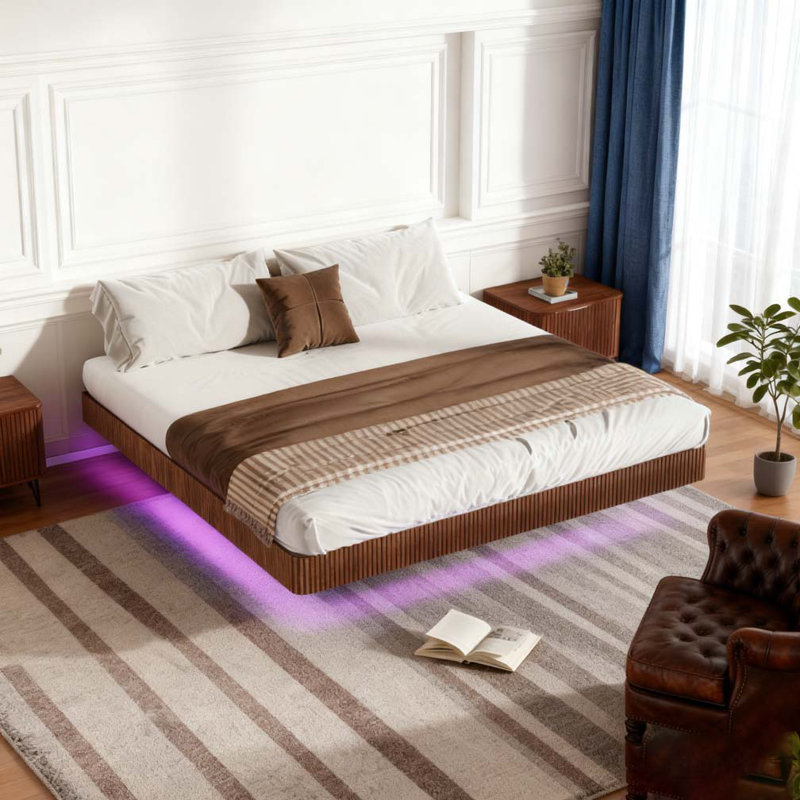 Queen Floating Bed Frame with LED Lights, Walnut, Queen
