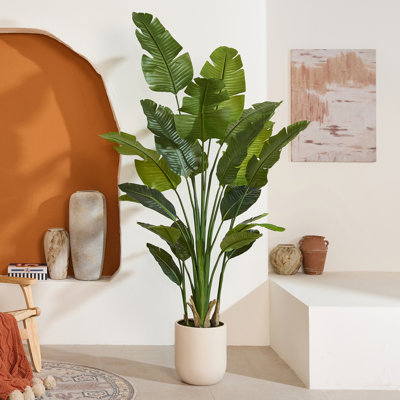 Arbre de paradis artificiel de 7 pi avec jardinière blanche, fausse plante tropicale Larget, fausse feuille de bananier - feuilles de polyéthylène pleine grandeur, pot de fleurs beige - plante d'intérieur pour le bureau du salon