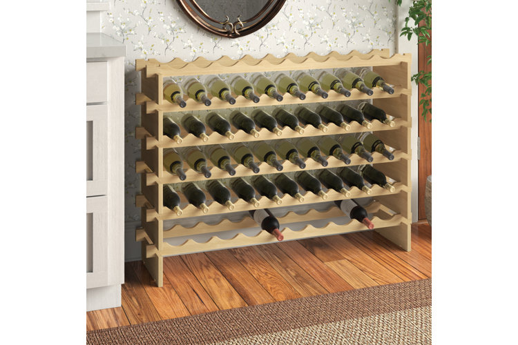Six level wooden wine rack storing different types of wine bottles.