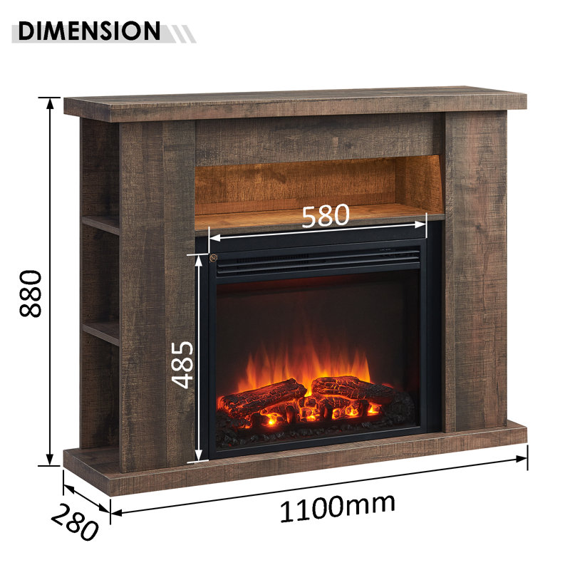 LIPSON FLAMME Electric Fireplace, Rustic Dark Oak, 88cm H x 110cm W x 28cm D