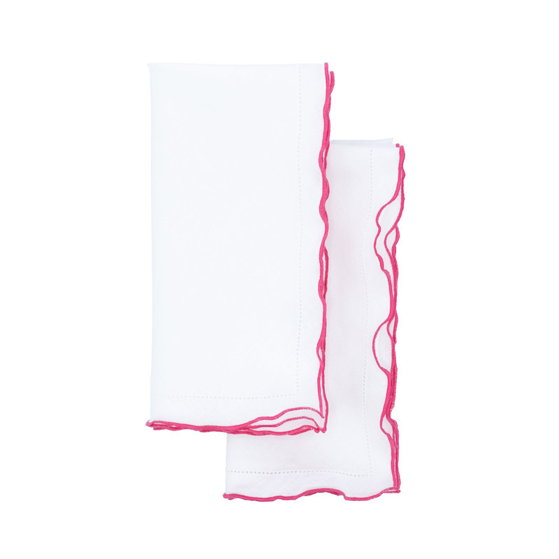 Serviette en lin festonnée à bords festonnés 21 po, White/Pink