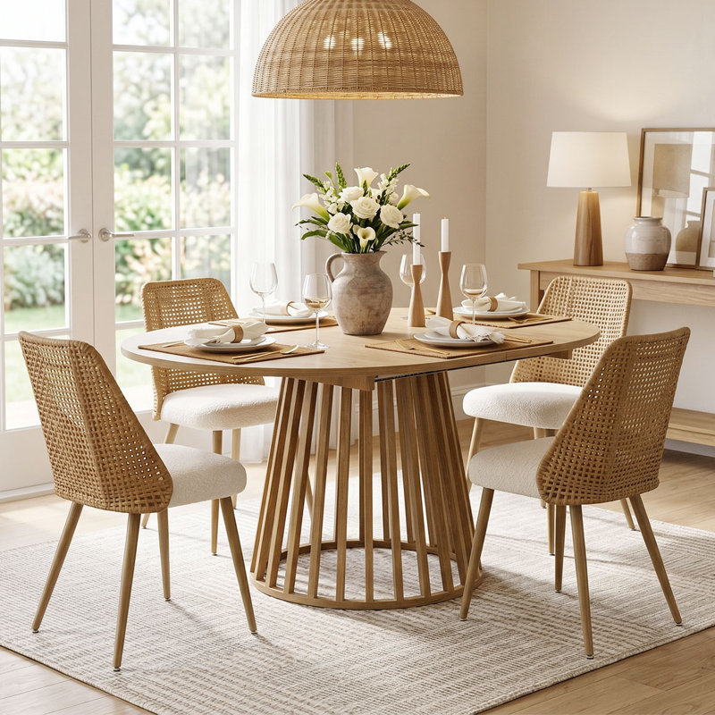 4- Person Dining Table Sets With Extendabe Oval Table & 4 Upholstered Rattan Back Chairs,  5 Pieces: Table, 4 Chairs