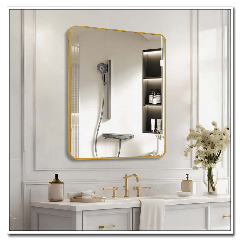 Metal Framed Square Bathrrom Mirror for Wall, Gold