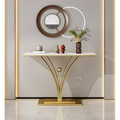 Console en pierre frittée en marbre en forme de ventilateur avec structure en métal rayonnante et sphère centrale