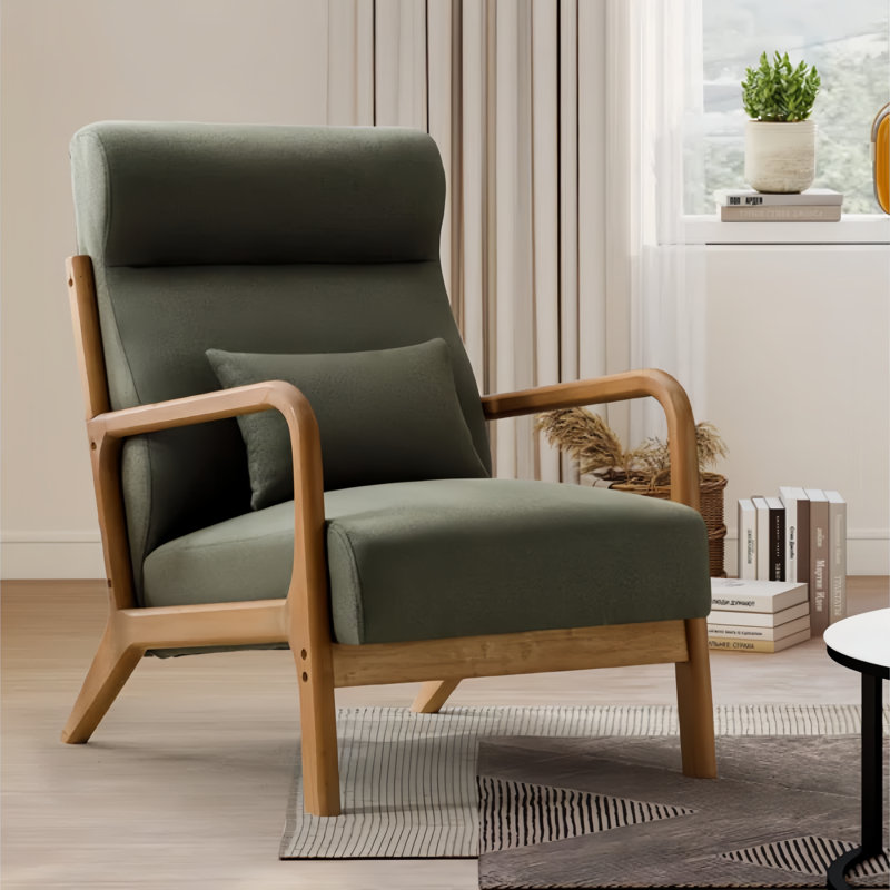 66cm Wide Mid-Century Solid Wood Frame Upholstered Armchair with Lumbar Support Pillow, Green  