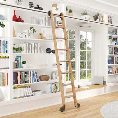 Red Oak 8.06' 7-Step Wood Rolling Contemporary Wheel Ladder