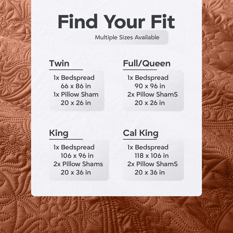 Floral Embossed Quilt Set, Rust, King Bedspread + 2 Standard Shams