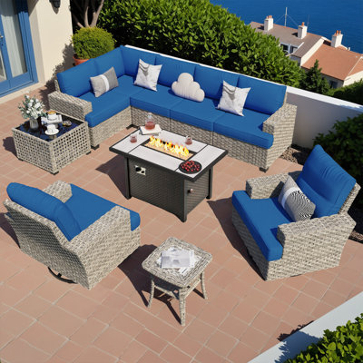 Ensemble de conversation d'extérieur en rotin pour 7 personnes avec chaises berçantes pivotantes et table de foyer