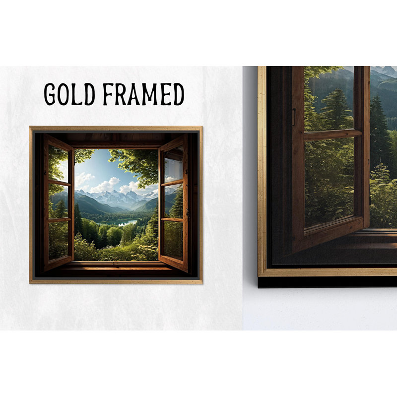 Vue sur la montagne à travers la fenêtre: œuvre d'art sur toile imprimée avec aménagement paysager élégant, toiles à cadre doré 1P
