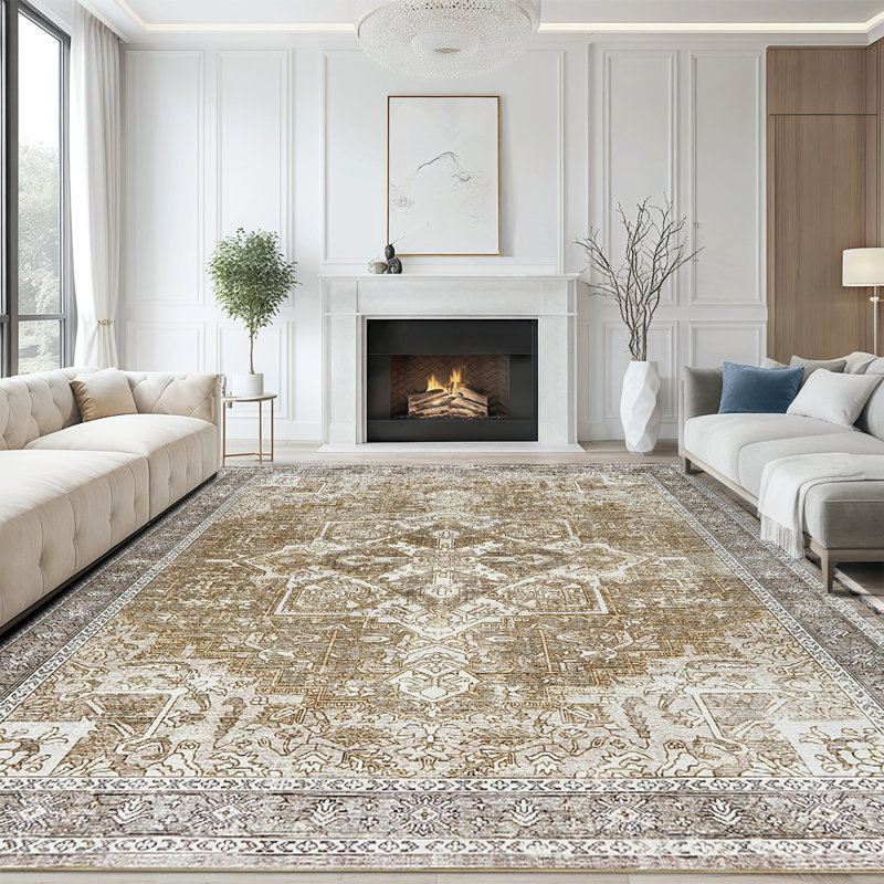 Tapis de salon en chenille léger antidérapant et lavable à la machine, Beige, Rectangle 6' x 9'