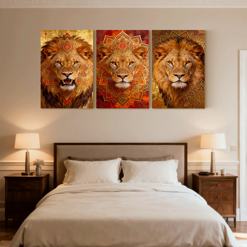 Animaux mandala lion, reproduction d'art, ensemble de 3 impressions sur toile, H 30 po x l 60 po