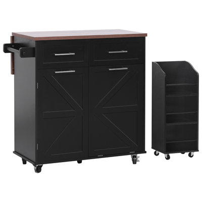 47.2" Farmhouse Kitchen Island With Drop Leaf, Kitchen Storage Island With Removable Side Racks, Two Drawers, Rolling Kitchen Cart On Wheels With Towel Rack, For Home, Kitchen, Dining Room, Black
