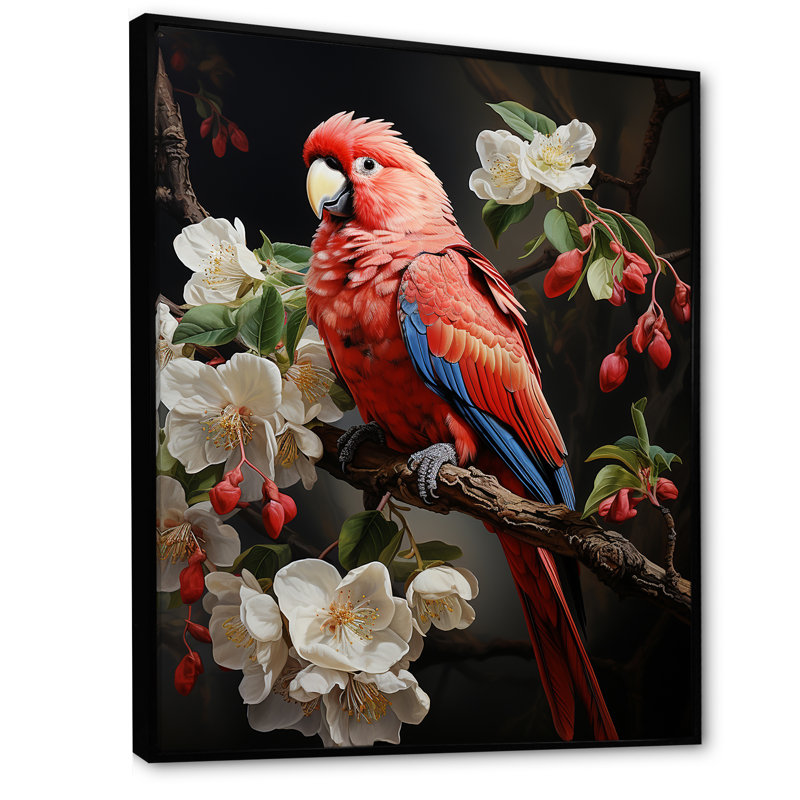 Perroquets rouges, éclat éclatant sur toile, Cadre flottant noir, H 32 po x l 16 po x P 1 po