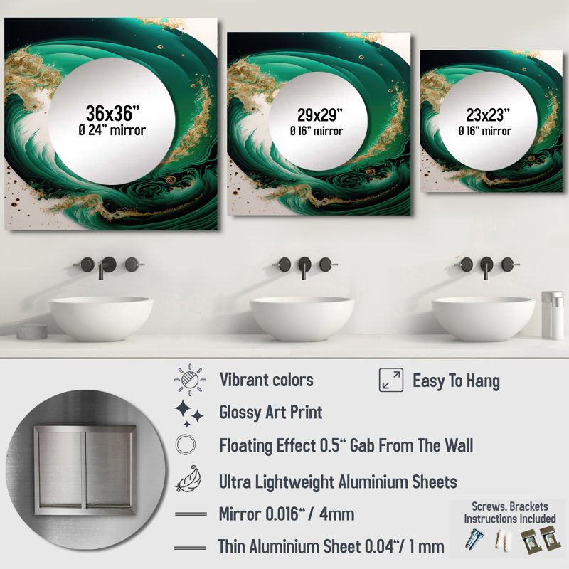 Décoration murale émeraude verte et dorée abstraite III - miroir carré moderne pour chambre à coucher, 23 po x 23 po
