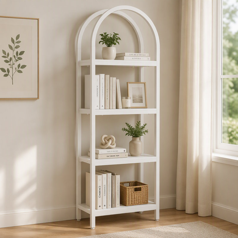 Bibliothèque à 4 niveaux, bibliothèque arquée avec tablettes de rangement, Blanc