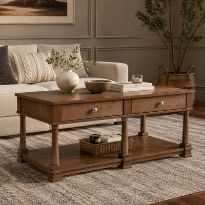 Farmhouse Wooden Coffee Table with 2 Storage Drawers & Lower Open Shelf, Rectangular Cocktail Table with Solid Wood Legs
