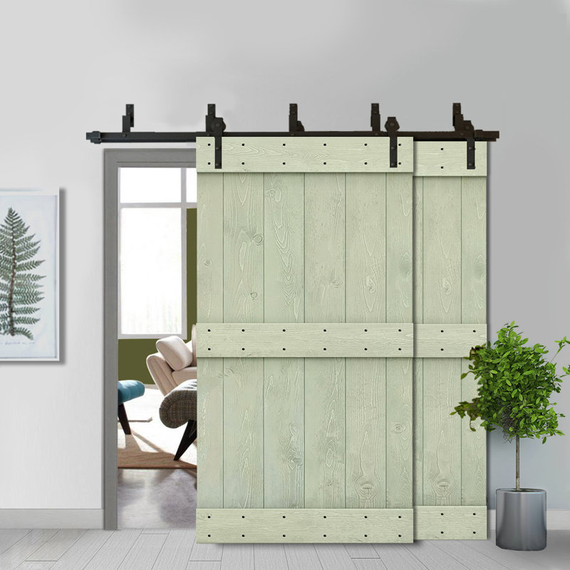 Porte de grange double à panneaux en bois teinté à panneau Mid-Bar, 40 po x 84 po, Vert sauge