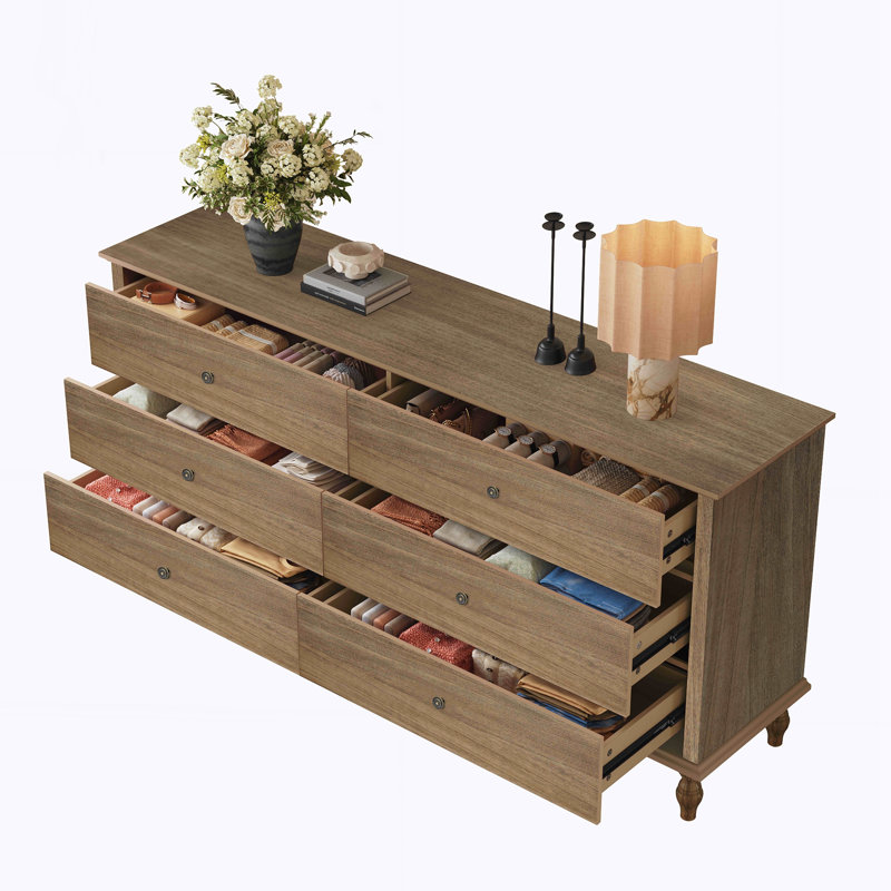 Commode double 6 tiroirs en bois pour chambre à coucher, Marron clair