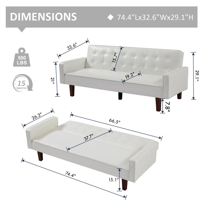 Canapé-lit à accoudoirs carrés en similicuir 74,4 po, Similicuir blanc, L 66,14 po x H 28,93 po x P 37,79 po