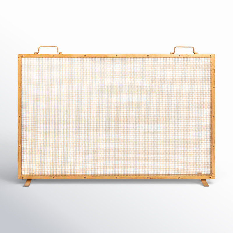 Cassiano 38x27in Single Panel Fireplace Screen Handcrafted Steel Mesh Spark Guard w/ Handles, Gold