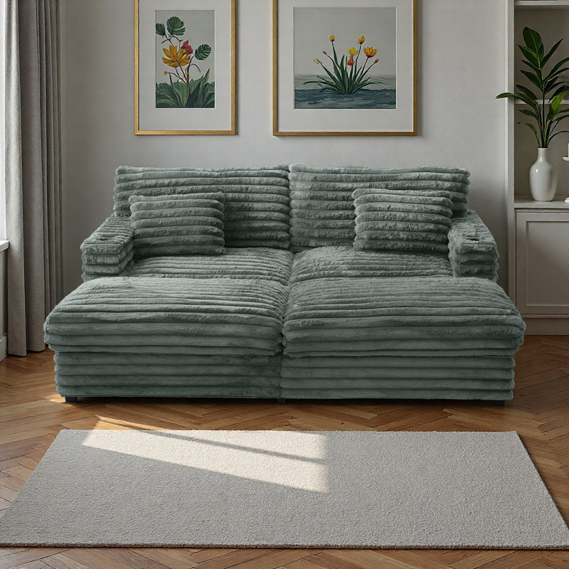 Canapé surdimensionné double de 83,5 po, canapé-lit moelleux en fausse fourrure de lapin avec ports USB, porte-gobelets et coussins de soutien, lit de jour rembourré pour le salon