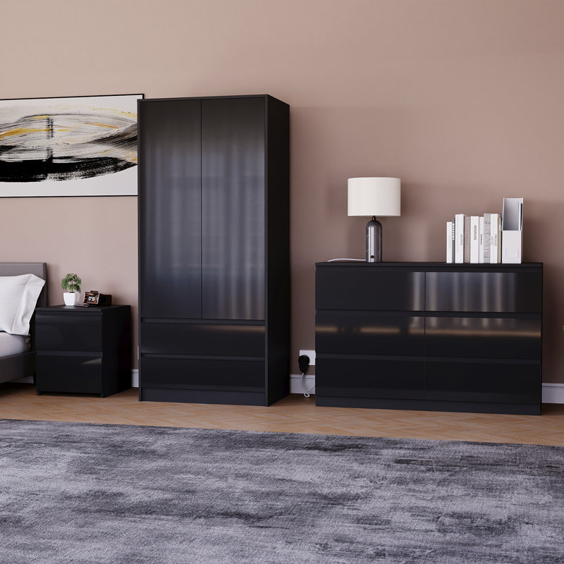 3 Piece Bedroom Set (2 Drawer Bedside Chest, 6 Drawer Chest, 2 Door 2 Drawer Wardrobe), (100% FSC), Black