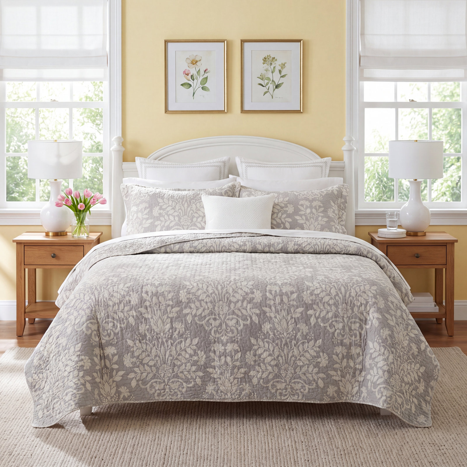 Laura Ashley Rowland Cotton Reversible Quilt Set, King Coverlet + 2 King Shams, White/Gray