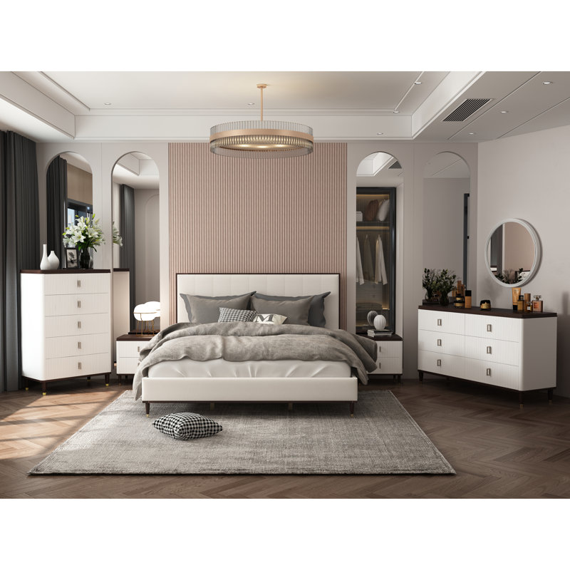 Dzianis 5-Drawer Chest in White and Walnut