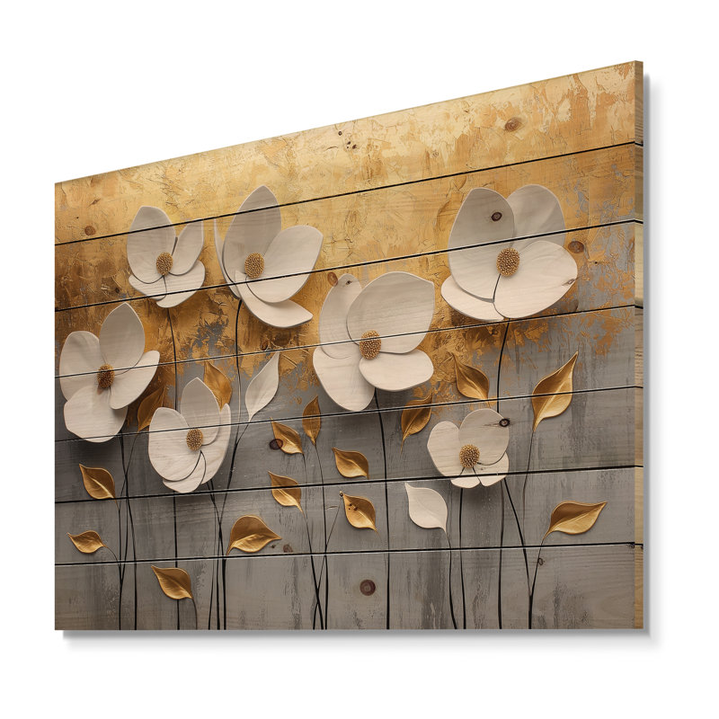 Fleurs blanches et dorées, forme pure de marbre II - Art mural en bois de coquelicot - sur bois de pin naturel