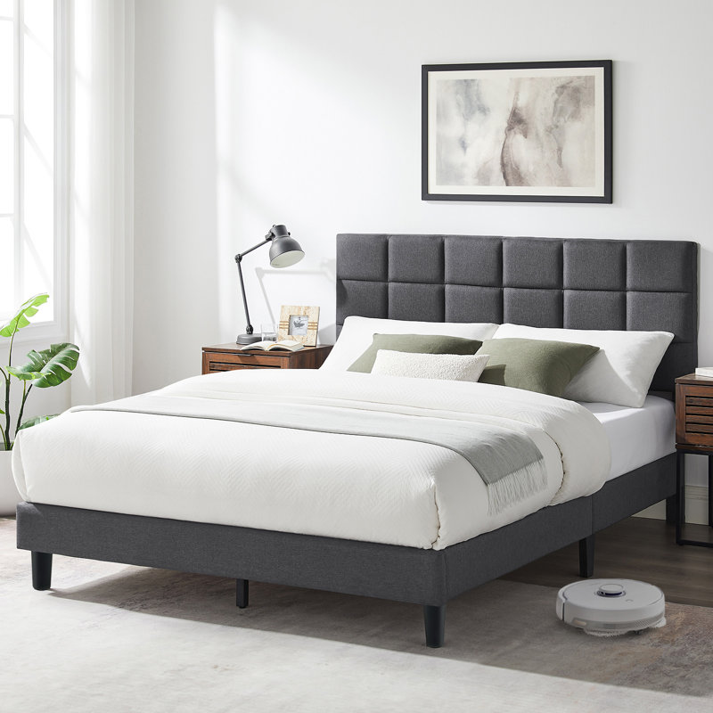 Tyseana Contemporary Modern Upholstered Platform Bed with Adjustable Headboard, Full, Black