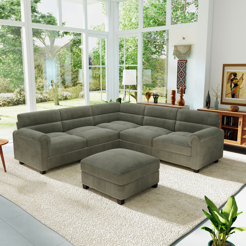 6-Piece Modular Sectional with Ottoman, Green Corduroy