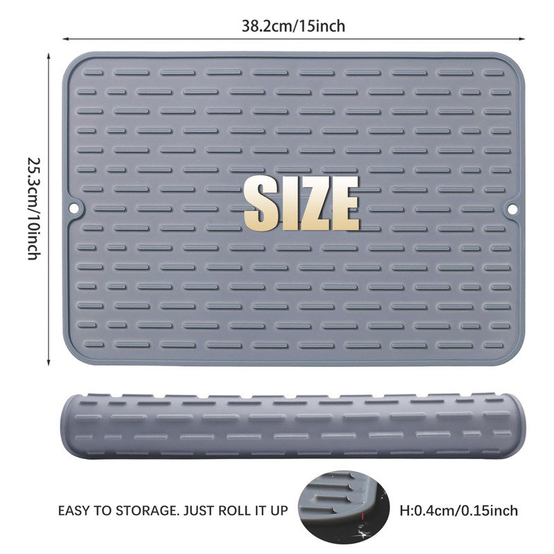 Light Grey Countertop Sink,Mat Silicone Dish Drying Mat Set of 2 - Extral Large, 0.1" H x 15" W x 10" D