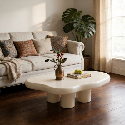 39" Round Cloud Coffee Table for Living Room - Cream White Modern Organic Shape Accent Table, Soft Curve Design, 4-Leg Sturdy Tea Table