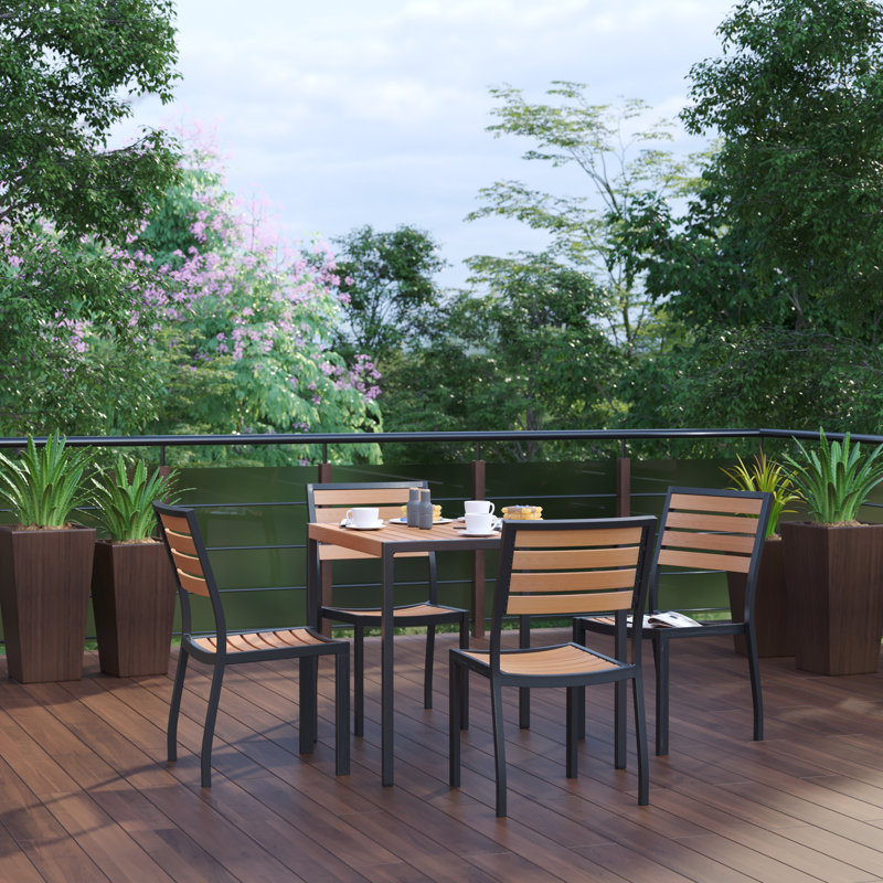 Agit Indoor/Outdoor Square Steel Framed Table with 4 Stackable Faux Teak Chairs, No Umbrella, No
