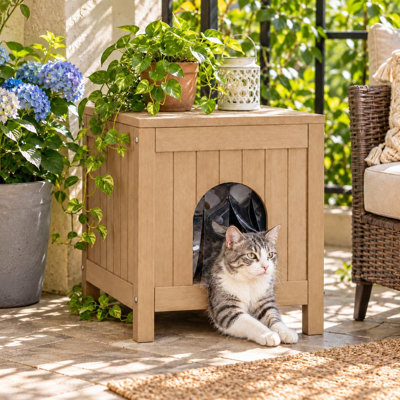 2-in-1 Outdoor Cat House & Side Table with Flap Roof, Cat Shelter for Backyard, Porch, Deck