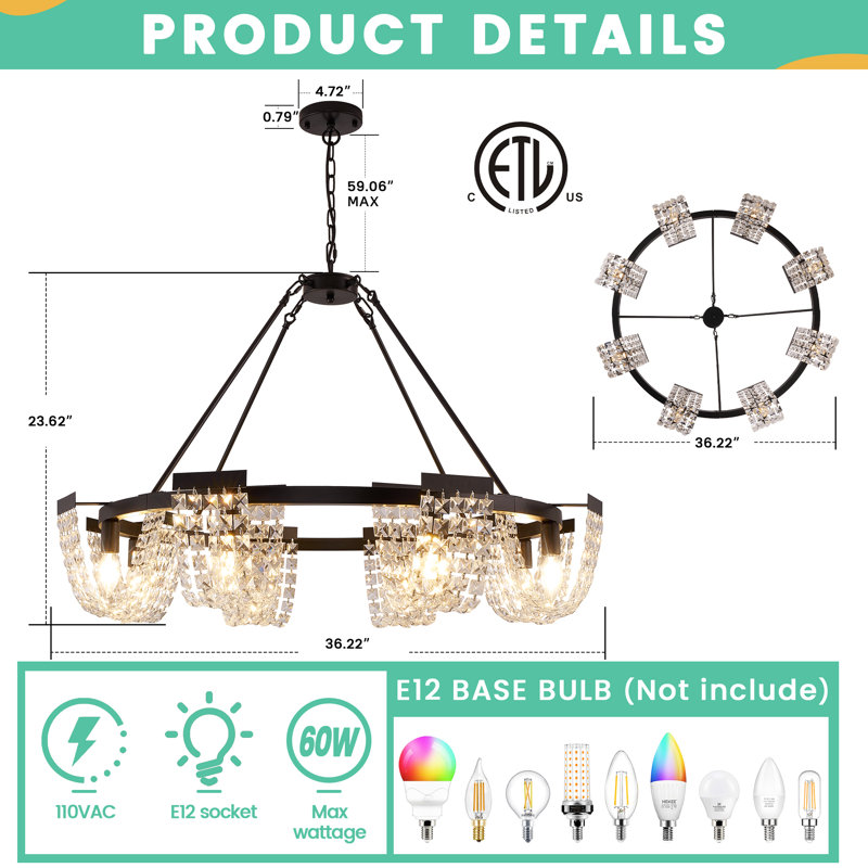 Lustre en roue de chariot à 8 lumières à intensité variable avec détails en cristal, Noir mat