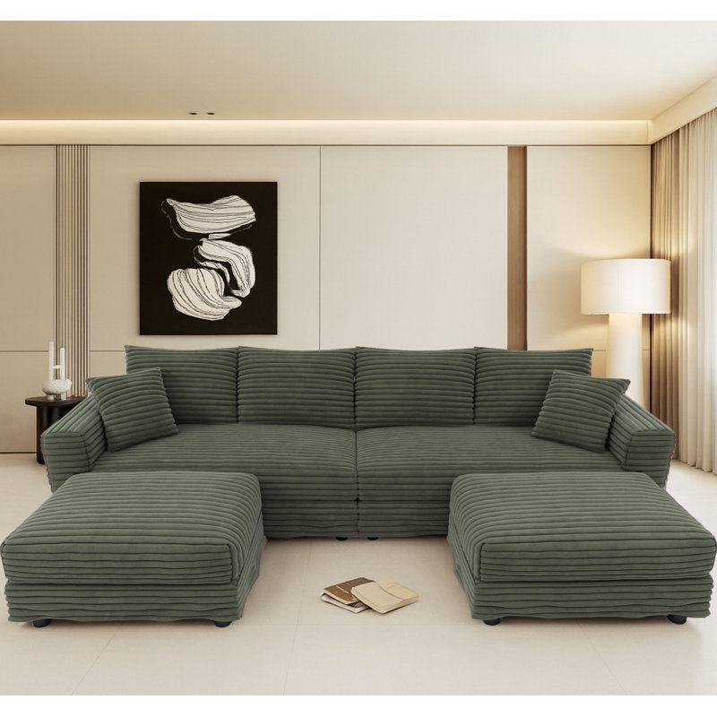 Canapé modulaire moderne en velours côtelé 4 places avec 2 repose-pieds, H 35,35 po x l 102,42 po x P 66,94 po, Vert