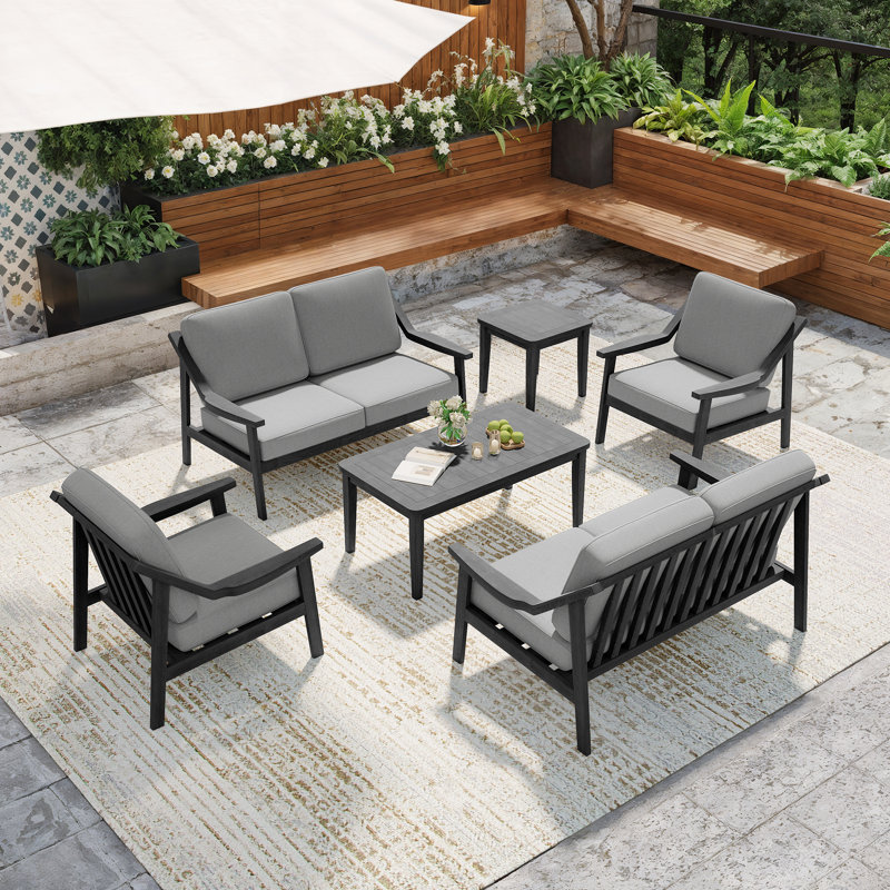 Bruzovice Teak Outdoor Six-person Patio Set With Cushions And Two Tables, Gray, Black