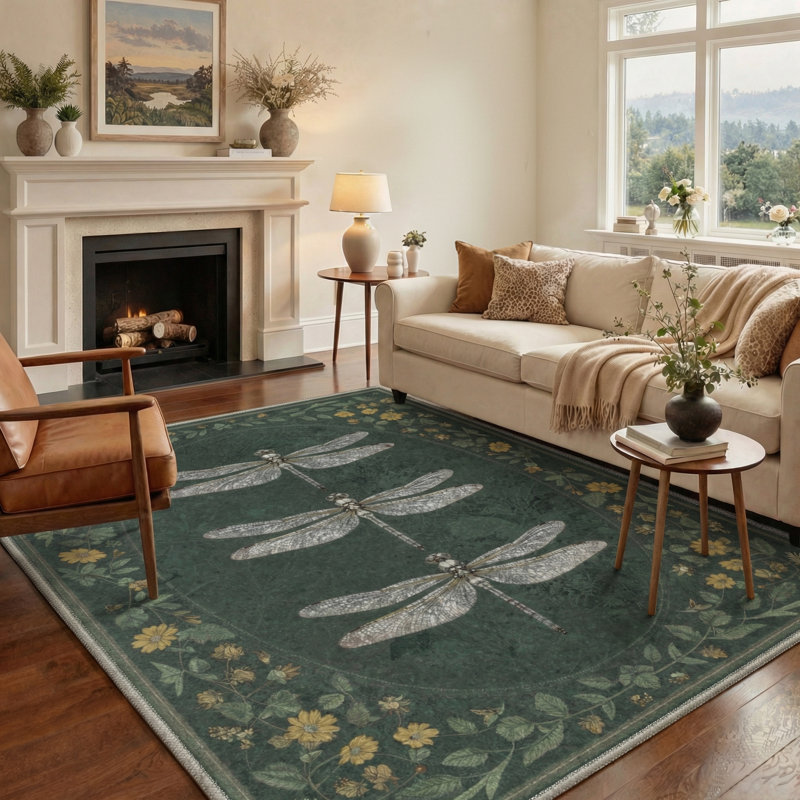 Aura Boho Animal Print Machine Washable Green / Yellow / White Indoor Area Rug with Non-Slip Backing, Rectangle 9' x 12'