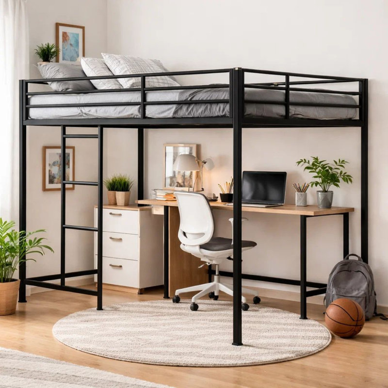 Ady Twin Size Loft Bed With Ladder And Guardrails, Black Metal Frame