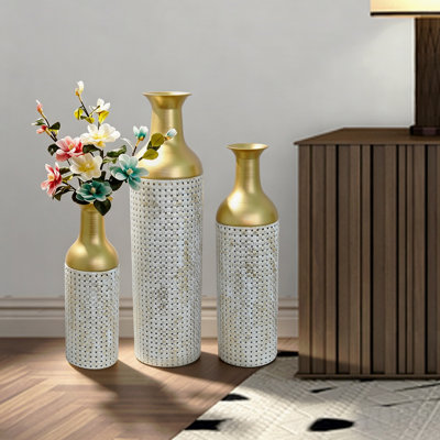 Ensemble de 3 vases décoratifs en métal, vases de sol à motif de feuilles d'or, grands vases blancs et dorés pour la décoration intérieure, salon et entrée.