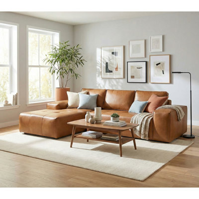 Canapé modulaire en cuir caramel de 114 po sans assemblage en L