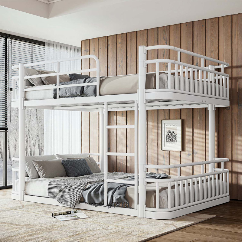 Lit superposé double au-dessus de double avec échelles et garde-corps, structure en métal à tuyaux ronds améliorés, élégant et polyvalent pour toute pièce, blanc