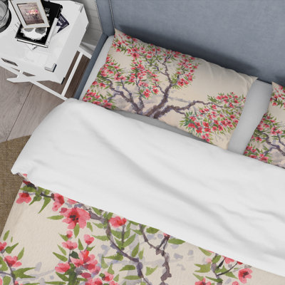 Fleurs rouges sur l'arbre Blossoming Tree I - Ensemble de housse de couette traditionnel - Polyester en microfibre